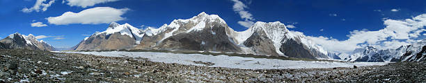 istock Tian Shan mountains snow peaks high resolution wide angle panoramic landscape. South Inylchek glacier, Enilchek Khan Tengri and Pobeda Victory peak base camp 2237420543