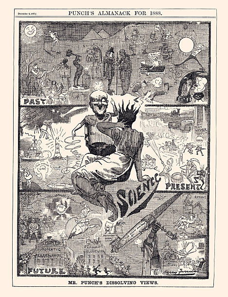 Design element : This engraving, taken from Punch's Almanack , is a black-and-white illustration typical of Victorian humorous style, rich with intricate details. The title , 
