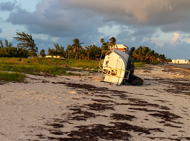 istock Sunlit Beach Scene With Sinking Boat Remnant Along Palm Tree Shore At Sunset 2237447642
