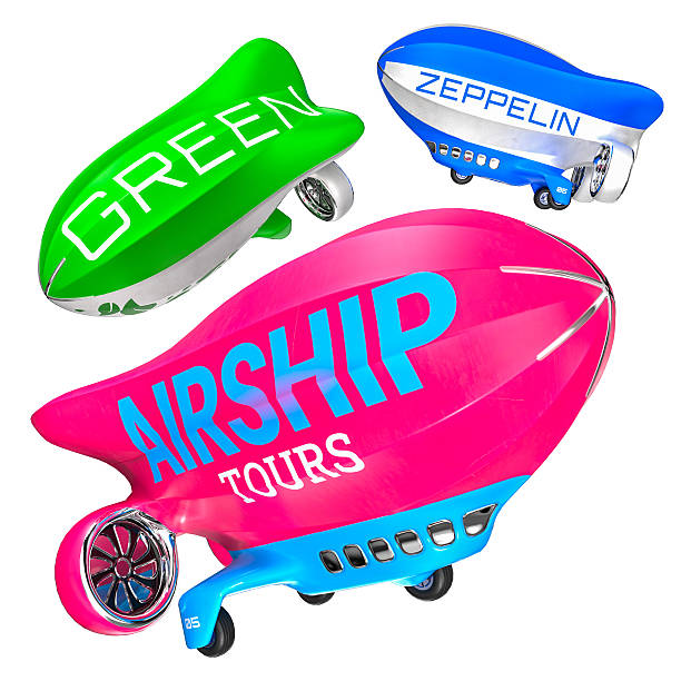 Three Stylized Toy Dual Propellers Dirigibles (green color, blue color, pink), Grouped On White Background, 3D image