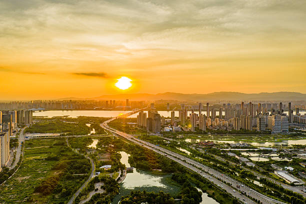 Overlook of city overpass at sunset