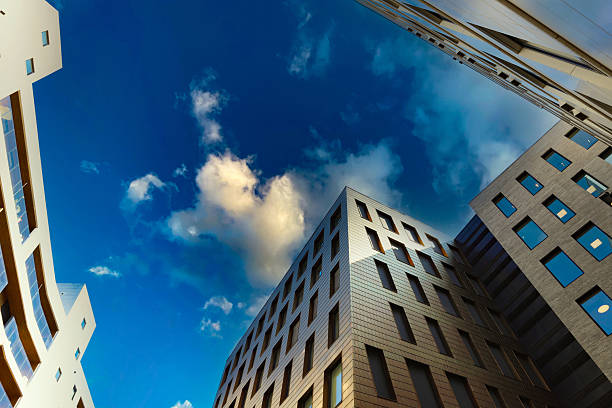 Fragment of  business district buildings facades.