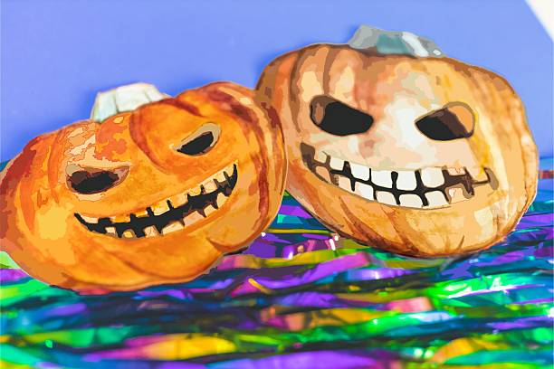 A hand-painted jack-o'-lantern pumpkin with a friendly smile sits on a bed of shimmering, colorful metallic streamers. The contrast between the dark setting and the vibrant elements highlights the whimsical yet traditional Halloween feel. This simple yet eye-catching composition is perfect for Halloween-themed promotions, party invitations, festive backgrounds, or seasonal designs that blend spooky charm with playful energy.