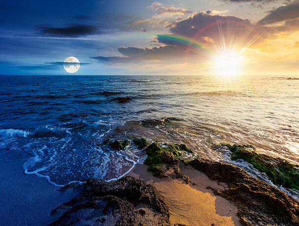 istock beach with sand. day and night time change concept 2237464334