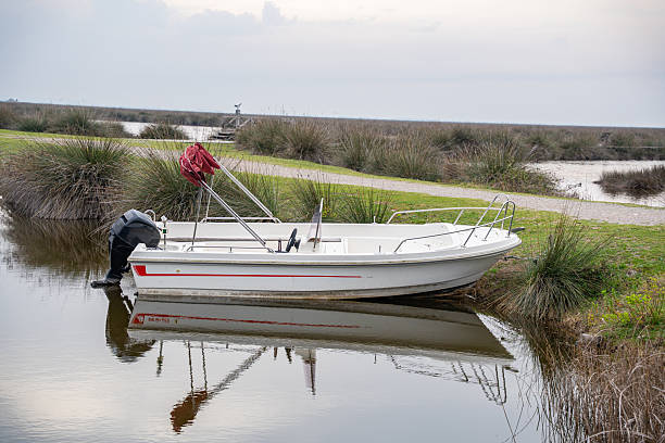 This photograph captures a peaceful scene in the Kızılırmak Delta Bird Paradise in Samsun, Turkey. A white boat with a red canopy is shown docked by a riverbank. The boat is a small motorboat nestled amongst tall grasses and a visible grassy path that runs alongside the marsh environment. The image conveys the quiet atmosphere of the delta and is a typical representation of the boats used in this wetland area.