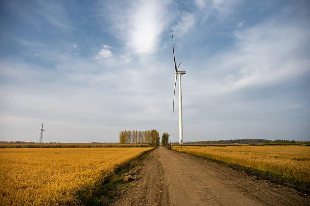 A Wind Turbine Stands Tall Amidst Golden Wheat Fields Under a Blue Sky with Scattered Clouds