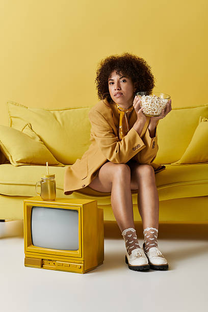 istock Curly woman snacks on a yellow couch in a studio 2237477719