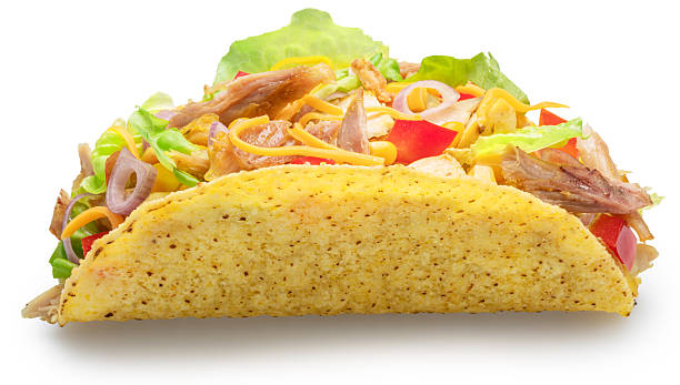 istock Mexican chicken meat taco, corn-based tortilla with chicken meat and diced fresh vegetables filling isolated on white. File contains clipping path. 2237480490
