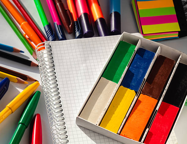 istock A box with colored plasticine on a white notebook among school supplies. School concept. 2237480844