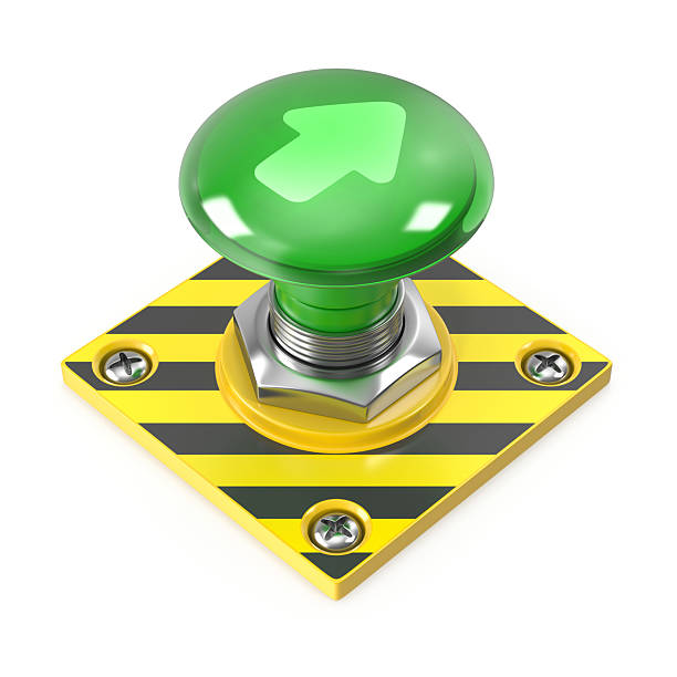 Green push button with upward arrow on a yellow and black base
