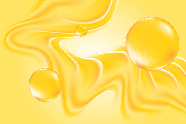 istock Futuristic yellow neon glowing glass flowing wave form, iridescent holographic golden bubbles splash design background with copy space. Liquid lava abstract geometric shape decoration. 2237481558