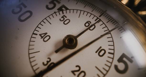 istock Macro Close Up Shot of Mechanical Stopwatch with Metallic Case and Dial with Running Second Hand 2237484396