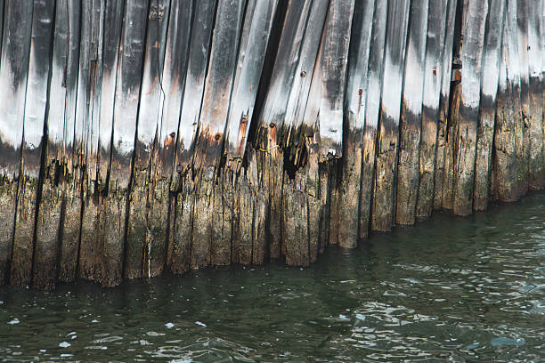 Old wooden pilings on the North Pier on Staten Island, New York, USA.