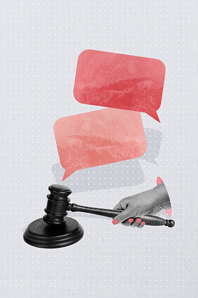 Composite sketch design artwork 3D collage of judicial judge criminal authority decision tribunal hand hold hammer speech cloud discussion.