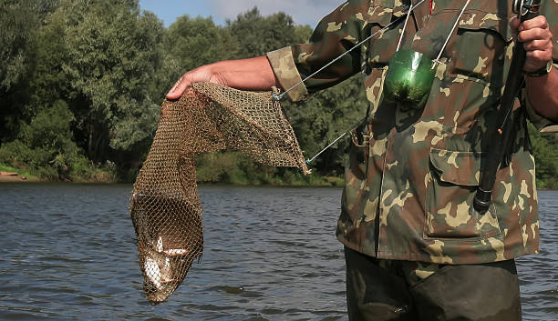istock Fisherman standing by river holding net with caught fish during sunny day 2237490560