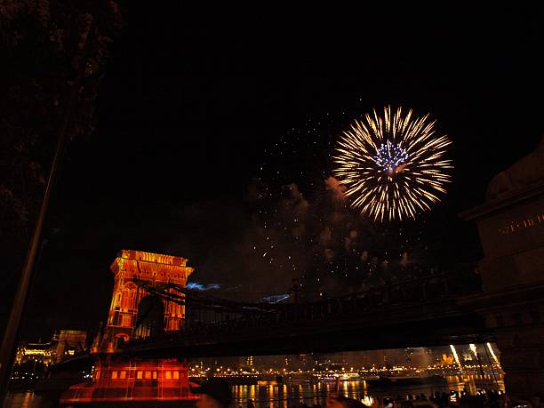 Fireworks celebrating the August 20th national holiday in Hungary. View down the Danube river with Parliament building on the left, the Chain bridge in the middle and Buda Castle on the right.