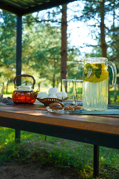 istock Tea set on a wooden table in the summer garden. 2237510836