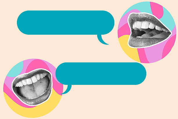 istock Collage of two mouths doing different gestures with blue blank speech bubbles on colored circles on a beige background 2237515092