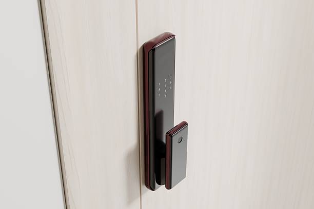 smart lock is installed on a wooden door, showcasing its modern design and security features. door is part of an indoor setting, highlighting contemporary home technology. 3d render