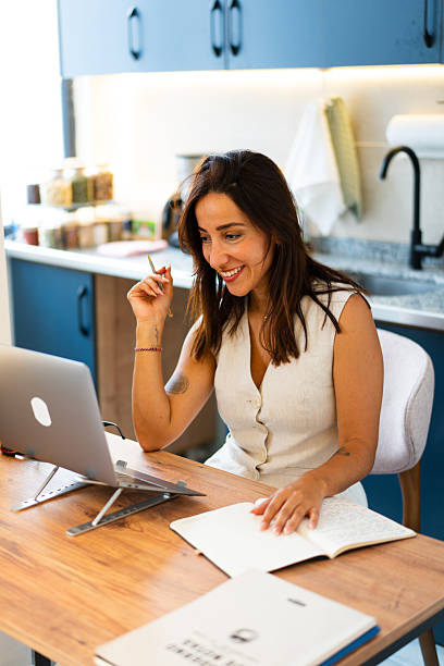 istock Woman working remotely from home kitchen office 2237524191