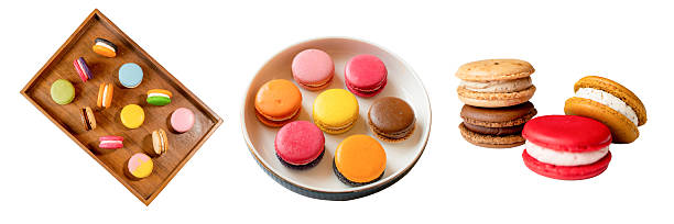 Colorful Macarons: A delightful assortment of vibrant, perfectly-crafted macarons, arranged artfully to showcase their delightful colors and textures, ready to savor.