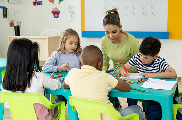 istock Kindergarten teacher watching children drawing in class 2237526700