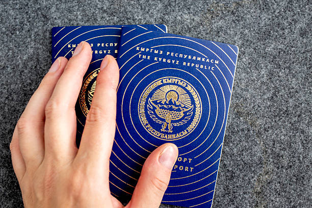 Close-up of a person's hand holding two biometric Kyrgyz Republic passports on a soft gray background