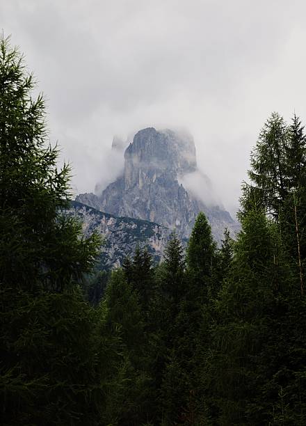istock Misty mountain peak with lush forest. 2237541891