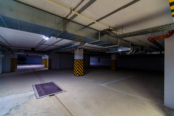 istock A parking garage with yellow and black stripes on the pillars 2237543206