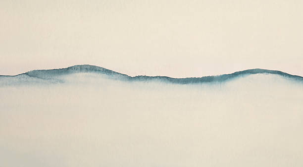 Art Smoke Watercolor Acrylic Wave lines landscape painting wall. Abstract texture blue, beige gray color curve wet paper background. stock photo