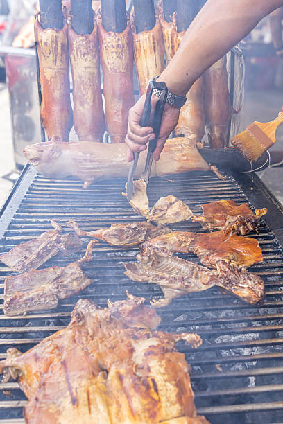 Typical food of Ecuador: guinea pig roasting on the grill, prepared with traditional Andean techniques that preserve cultural essence and offer a unique gastronomic experience.