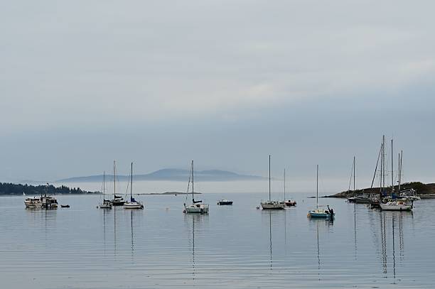 istock Tranquil seascape with anchored sailboats. 2237550096