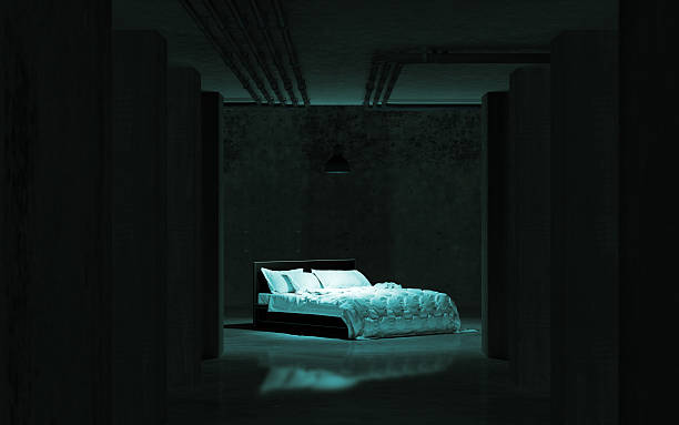 istock Bed and modern architecture in the dark.3d illustration 2237551640