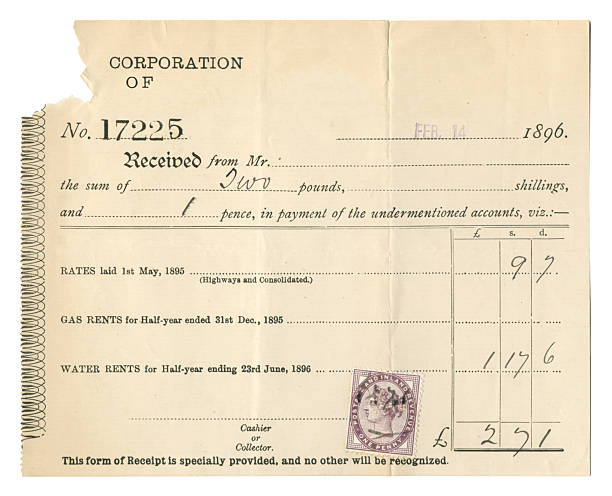 A bill for rates and water rents for £2.7s.1d from a local corporation to a householder for the years 1895 and 1896. It carries a postage stamp bearing the portrait of Queen Victoria. Names and addresses removed.