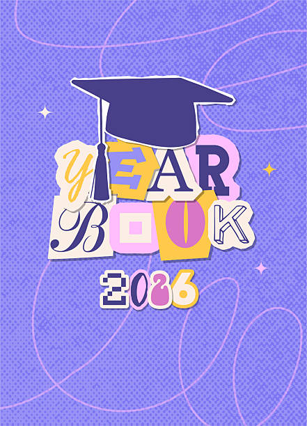 Yearbook cover design template - Class of 2026 typography composition. Cut cut paper halftone Text with graduation cap for congratulation event, party, high school or college graduate. Vector collage.