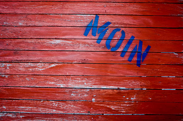 Typographic display of the German word MOIN on a rustic red wooden surface, evoking northern German culture and editorial charm
