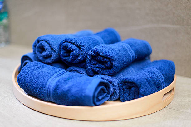 istock blue towel roll on tray, for spa or exercise 2237569267