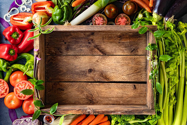 istock Vegetarian food background on a wood box 2237570705