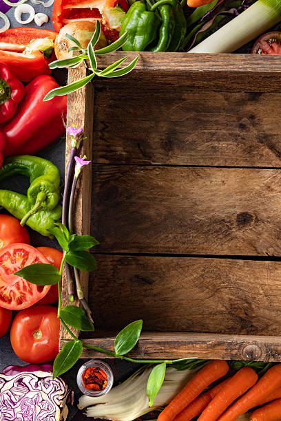 istock Vegetarian food background on a wood box 2237570733