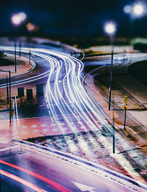 Germany, Berlin, February 27, 2024 - High angle view of light trails on Berlin city highway A100 at night, Berlin Wilmersdorf