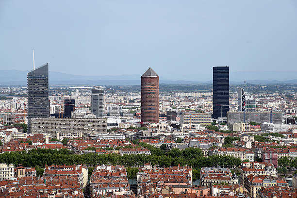Lyon City and several Skyscrapers of Part Dieu district  seen from the Fourviere hill. Captured during a sunny day in spring season.