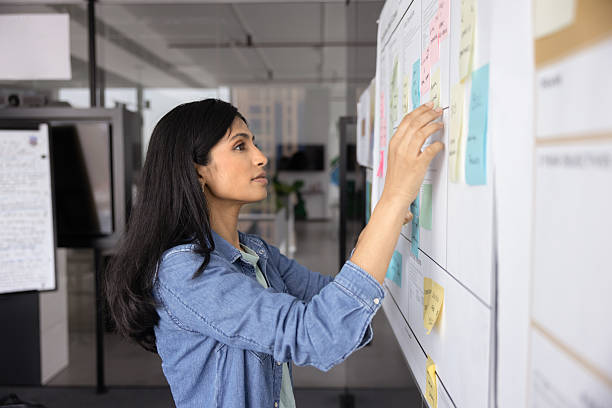 istock Focused young Indian project manager woman moving colorful sticky notes 2237583426