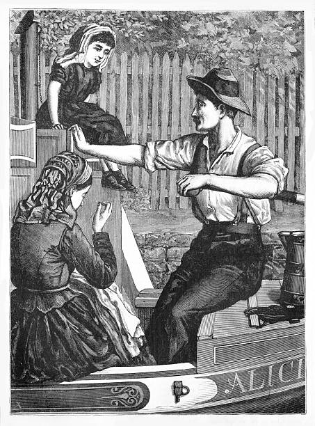 19th century engraving showing a man with two young women sitting on a canal boat in England, vintage illustration style.