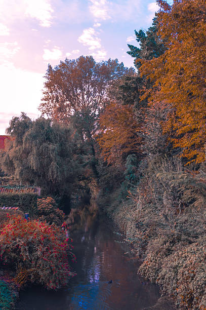 A quiet canal in Bruges, Belgium, winds through dense autumn foliage under a pastel sunset sky. Trees in shades of gold and orange frame the water, while ripples catch the fading light. The seasonal colors add warmth and serenity to this natural corner of the city, revealing a softer, more intimate side of Bruges beyond its medieval landmarks.
