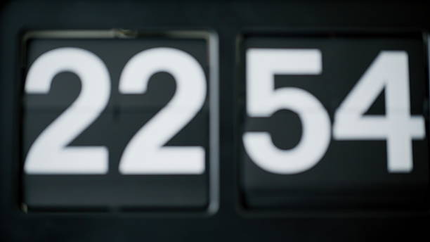 istock Retro flip clock switching time closeup. Macro view numbers changing in rhythm 2237604295