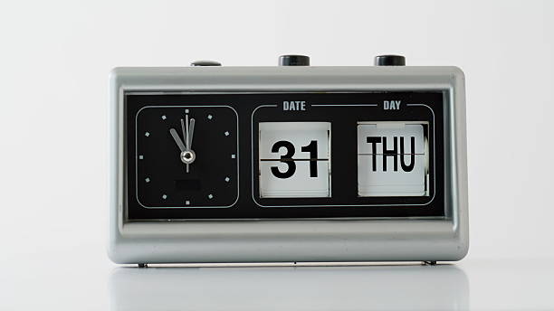 istock Closeup flip clock showing date time at white background. Retro vintage device 2237604742