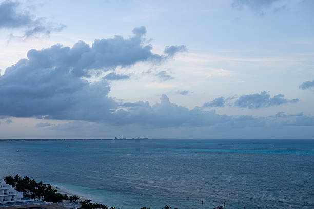 aerial panoramic of turquoise sea in Cancun, Mexico.