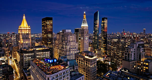 Aerial shot of towers in Midtown Manhattan, New York City at dusk.Authorization was obtained from the FAA for this operation in restricted airspace.