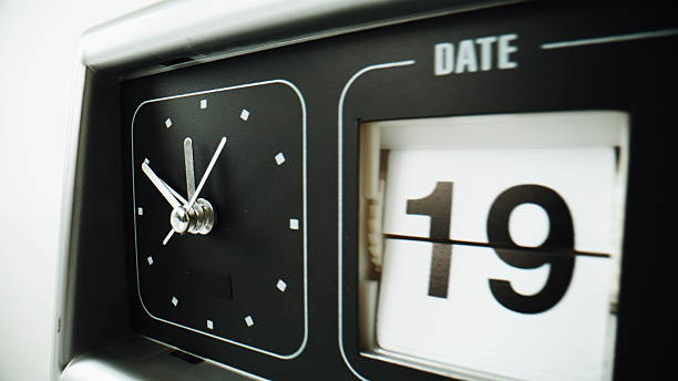 istock Classic flip clock standing at white surface closeup. Traditional timepiece 2237611166