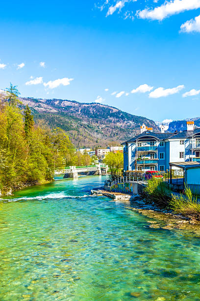 old city Bad Ischl at traun river under blue sky